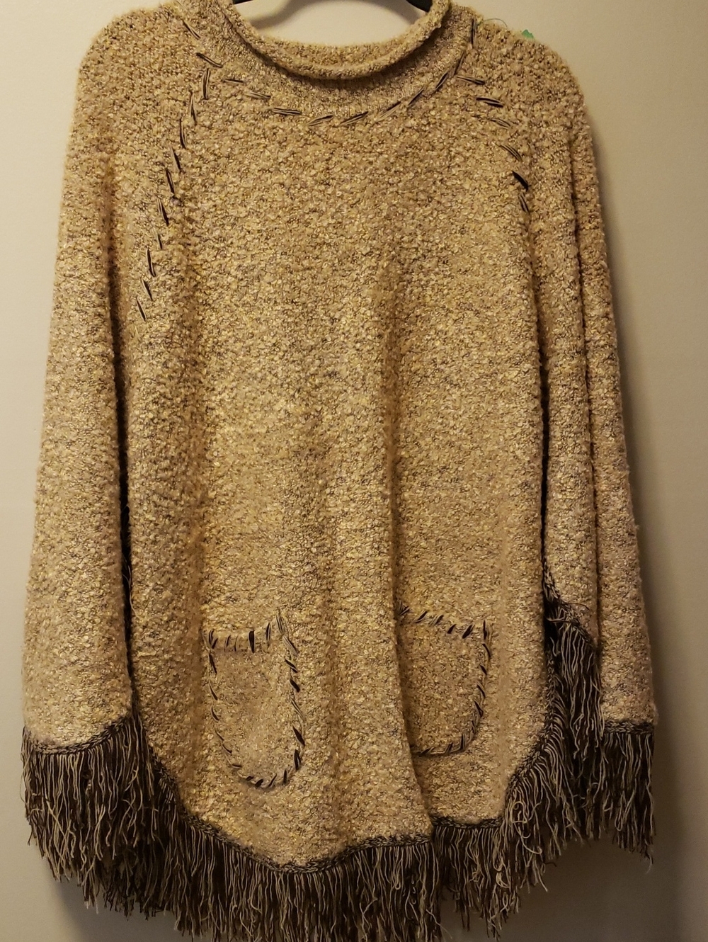 Boho Fringe-Trim Bouclé Crew Sweater - Cream